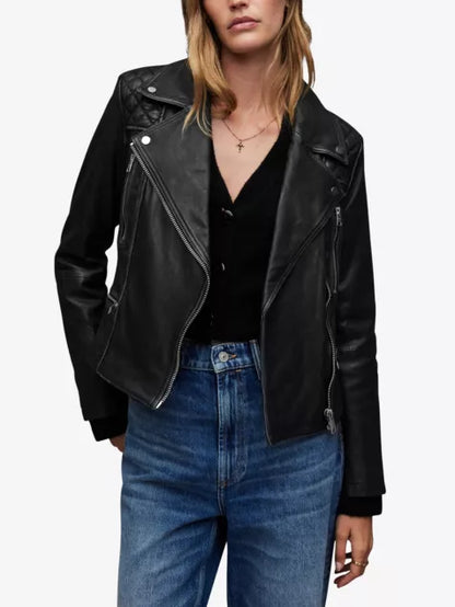 Cargo quilted-shoulder distressed-leather biker jacket