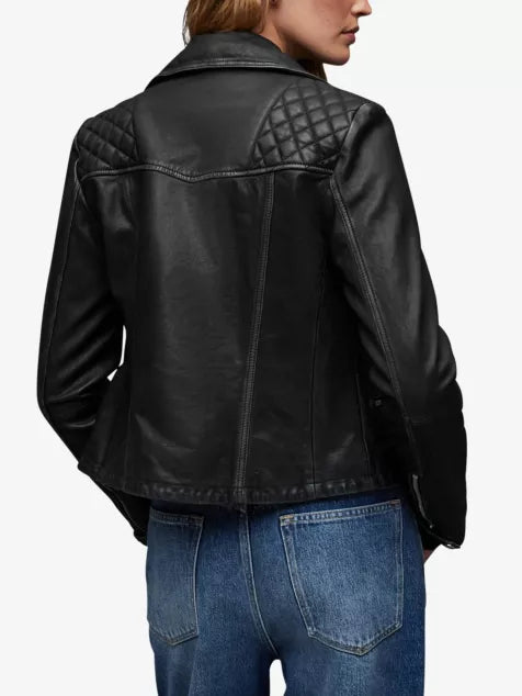 Cargo quilted-shoulder distressed-leather biker jacket