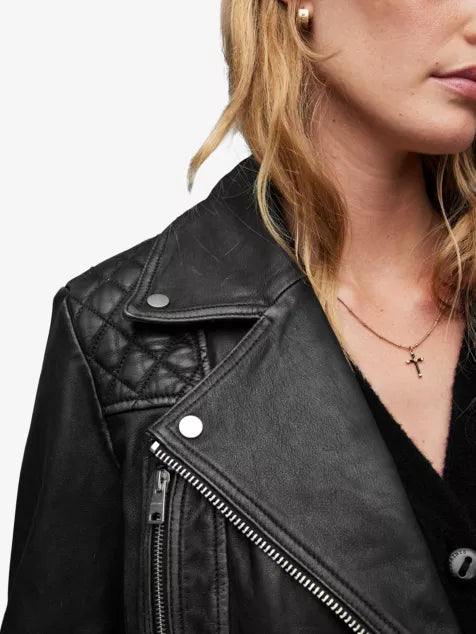 Cargo quilted-shoulder distressed-leather biker jacket