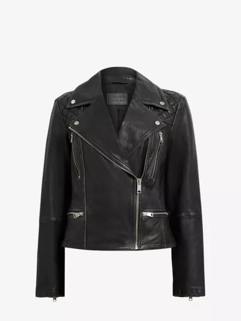 Cargo quilted-shoulder distressed-leather biker jacket