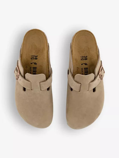 Boston logo-embossed suede clogs