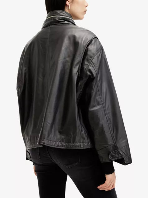 Clay funnel-neck relaxed-fit leather jacket