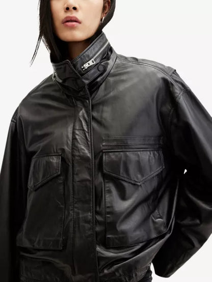 Clay funnel-neck relaxed-fit leather jacket