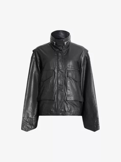 Clay funnel-neck relaxed-fit leather jacket