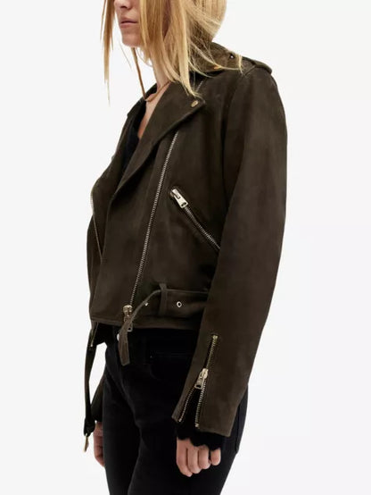 Balfern belted-waist slim-fit suede biker jacket