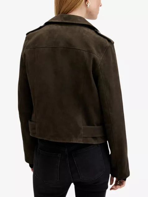 Balfern belted-waist slim-fit suede biker jacket