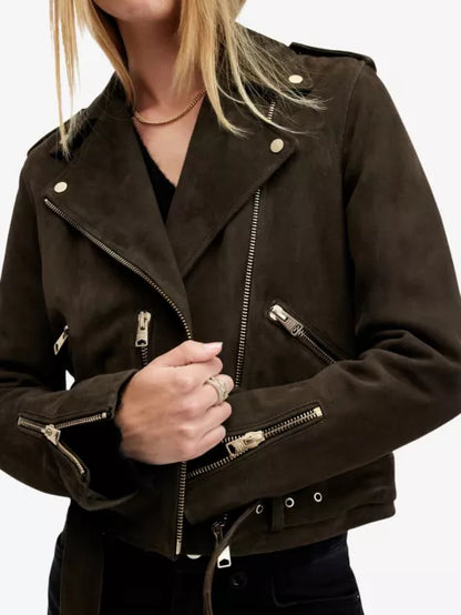 Balfern belted-waist slim-fit suede biker jacket