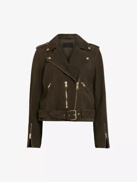 Balfern belted-waist slim-fit suede biker jacket