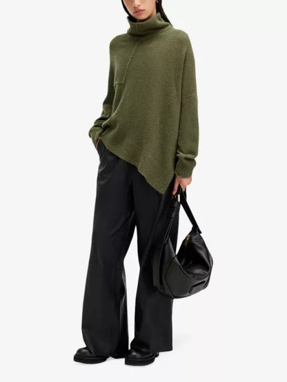 High-neck asymmetric-hem knitted jumper