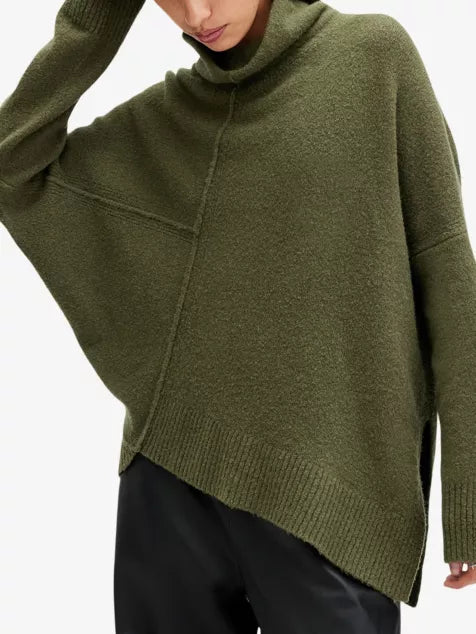 High-neck asymmetric-hem knitted jumper