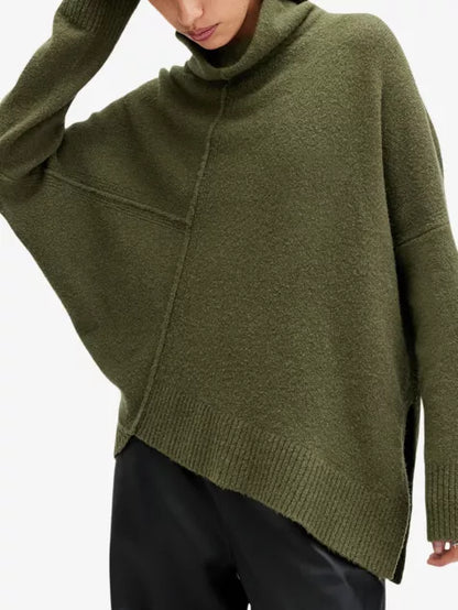 High-neck asymmetric-hem knitted jumper