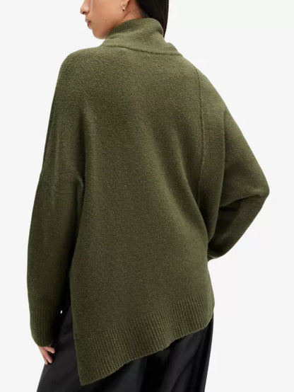 High-neck asymmetric-hem knitted jumper