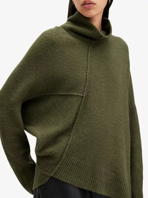 High-neck asymmetric-hem knitted jumper