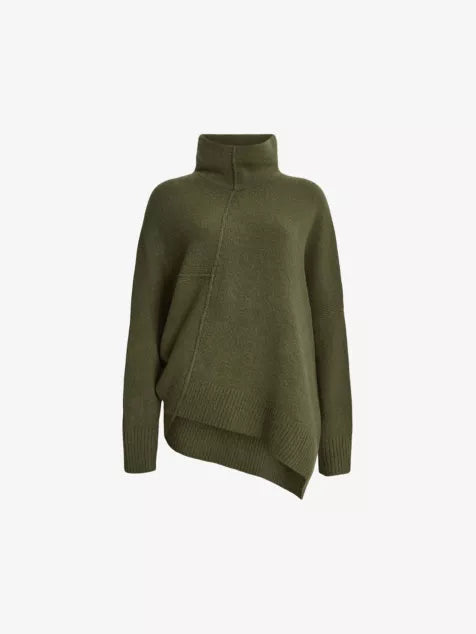 High-neck asymmetric-hem knitted jumper