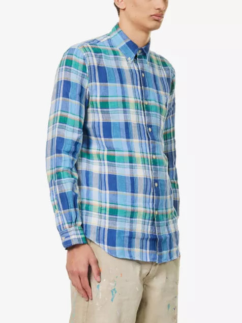 Logo-embroidered checked custom-fit linen shirt