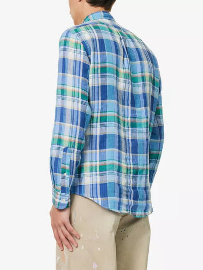 Logo-embroidered checked custom-fit linen shirt