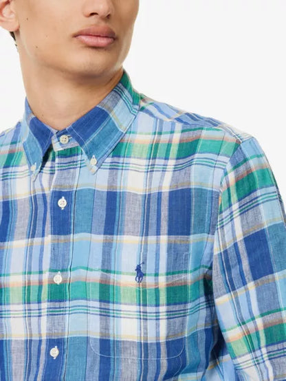 Logo-embroidered checked custom-fit linen shirt