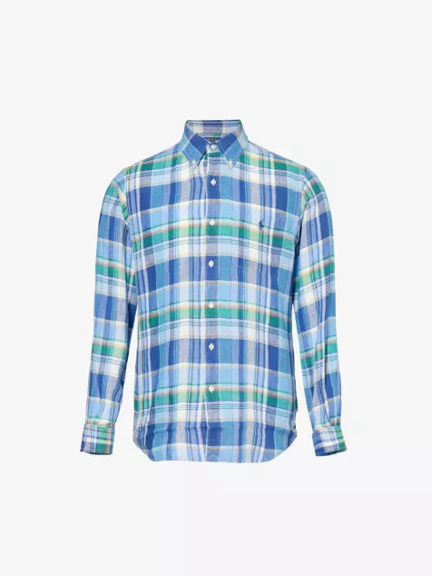 Logo-embroidered checked custom-fit linen shirt