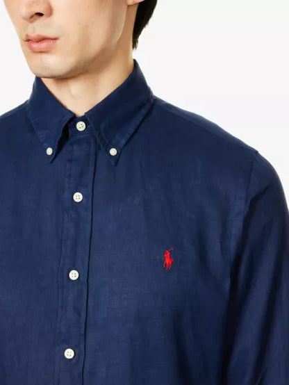 Logo-embroidered long-sleeved custom-fit linen shirt