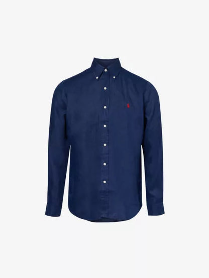 Logo-embroidered long-sleeved custom-fit linen shirt