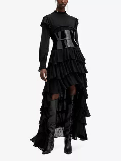 Cavarly tiered-skirt long-sleeve woven maxi dress