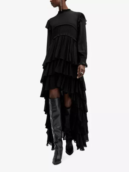 Cavarly tiered-skirt long-sleeve woven maxi dress