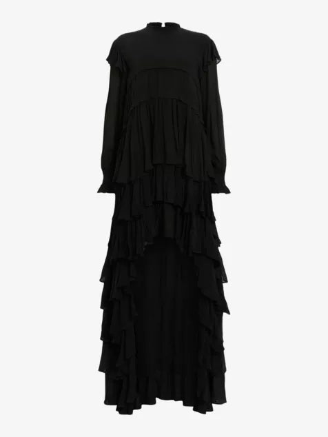 Cavarly tiered-skirt long-sleeve woven maxi dress