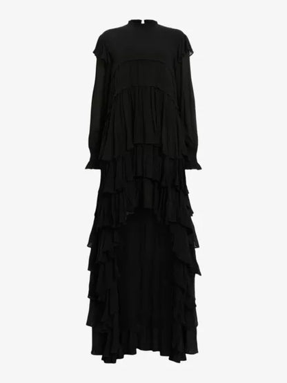 Cavarly tiered-skirt long-sleeve woven maxi dress