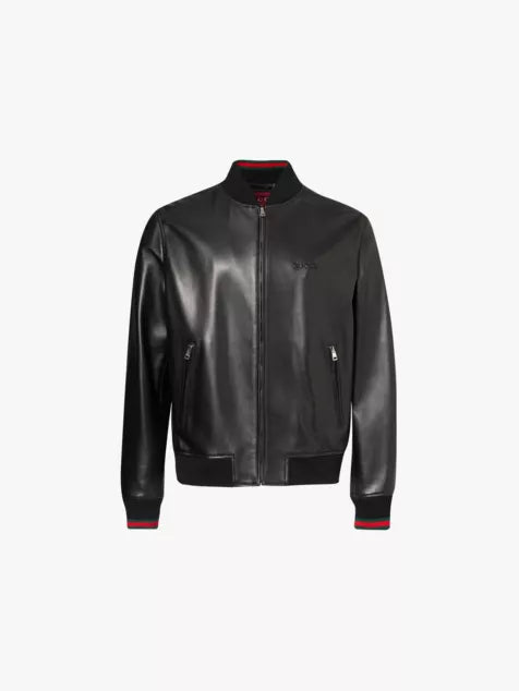 Brand-embroidery two-zip-pockets regular-fit leather jacket