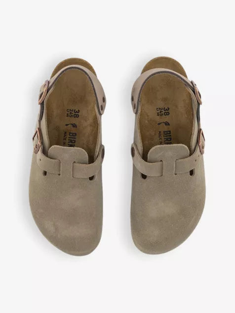 Tokio logo-embossed suede slingback clogs