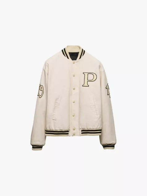 Text-appliqué triangle-patch cotton bomber jacket