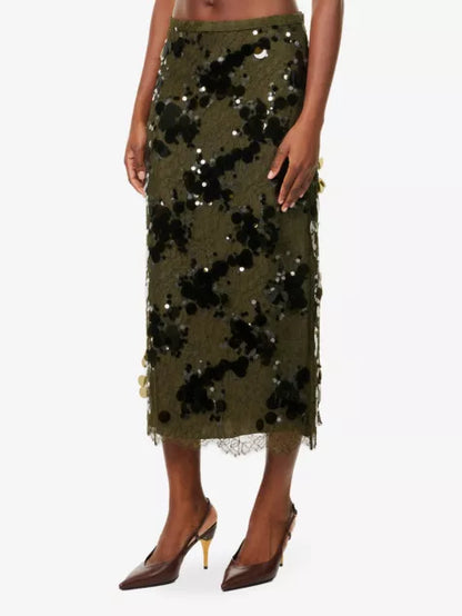 Sequin-embellished mid-waist woven midi skirt