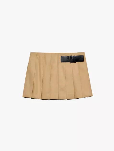 Pleated leather-belt cotton-twill mini skirt