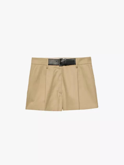 Triangle-plaque leather-belt cotton-twill shorts